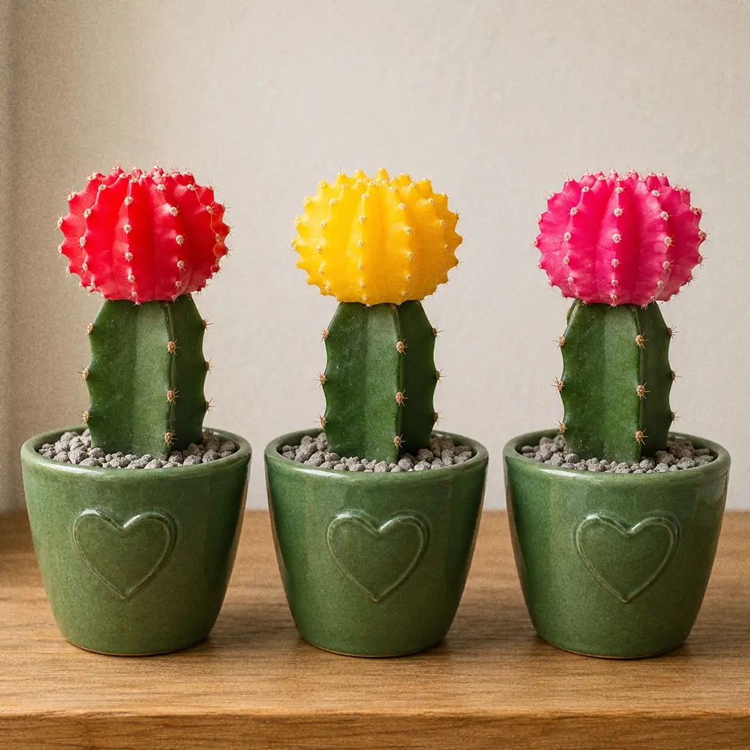Three grafted Moon Cacti side by side on a wooden shelf, each in a matching green ceramic pot with a heart motif: a vivid scarlet 'Hibotan' on the left, a sunshine-yellow scion in the middle, and a hot-pink scion on the right, showing the cultivar color range