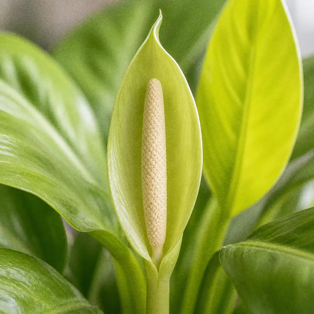 Macro close-up of a rare Moonlight Philodendron inflorescence with a pale green spathe wrapping a cream spadix, set against blurred lime green foliage