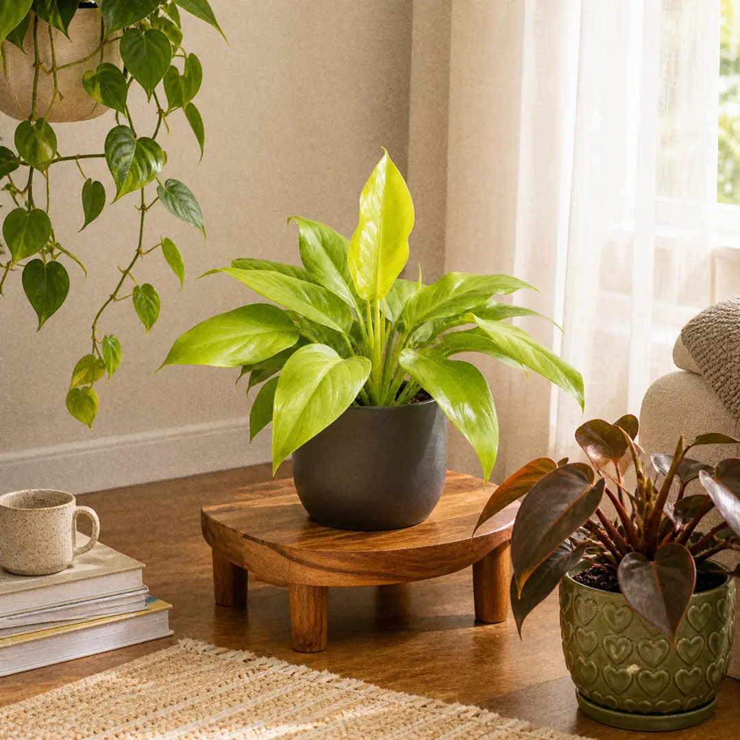 A styled corner of a bright modern living room with a Moonlight Philodendron in a dark charcoal pot on a low wooden plant stand beside a Rojo Congo and a trailing Heart-Leaf Philodendron, with sheer curtains and a warm wooden floor
