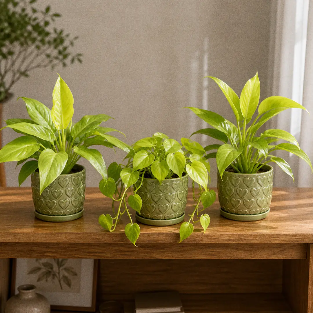 Three chartreuse-leafed Philodendron varieties side by side on a wooden shelf in matching green ceramic pots with heart motifs: a Moonlight with bright neon-yellow rosette leaves, a Lemon Lime with smaller heart-shaped trailing leaves, and a Golden Goddess with elongated lime green leaves