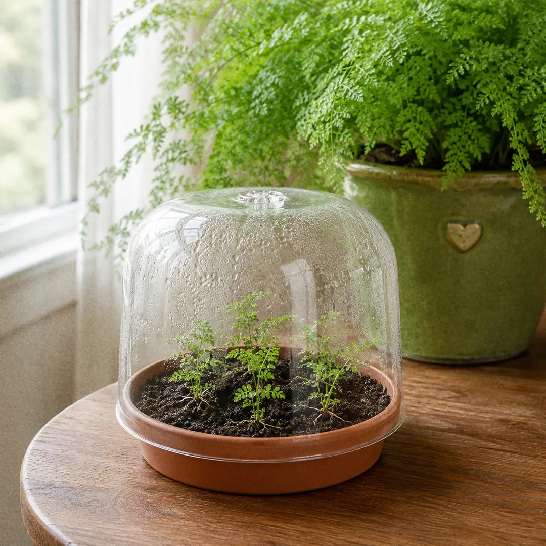 A small terracotta pot of moist peat-based soil holding several young Mother Fern plantlets that have been detached from a parent frond, each with tiny lacy frondlets and visible white roots, under a clear plastic propagation dome on a wooden surface