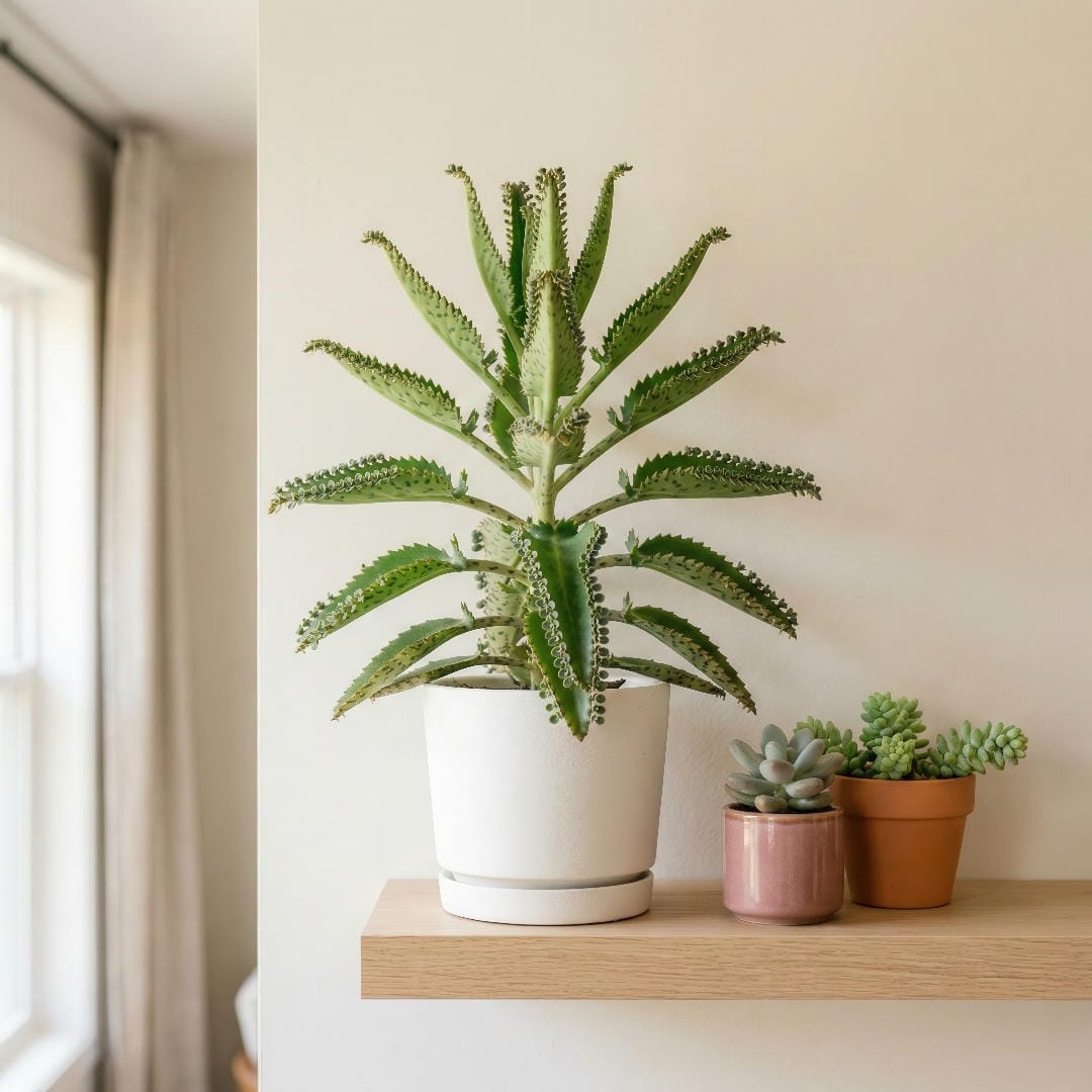 A mature Mother of Thousands with a tall upright stem and radiating pointed green leaves covered in tiny plantlets displayed in a modern matte ceramic pot on a bright shelf beside other succulents with natural sunlight highlighting the unique plantlet-lined leaf edges