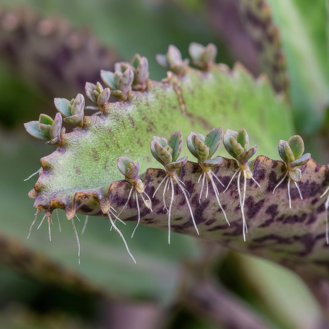 Extreme close-up macro photograph of a Mother of Thousands leaf edge showing the tiny plantlets forming in the serrations of the leaf margin with visible miniature roots and leaf pairs on each plantlet against the green and purple-mottled leaf surface