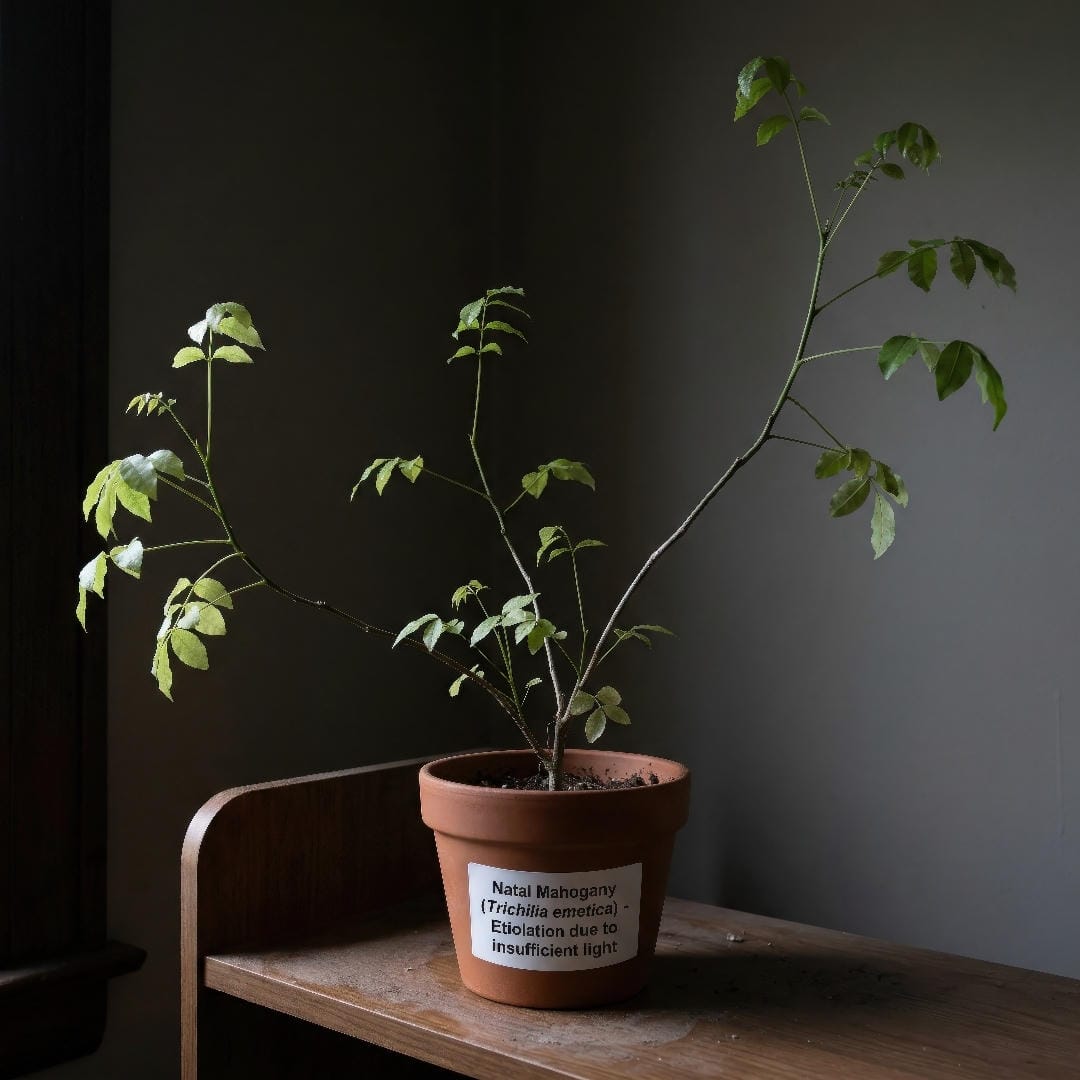 A leggy Natal Mahogany with stretched stems, larger gaps between leaves, and a sparse canopy caused by insufficient light.