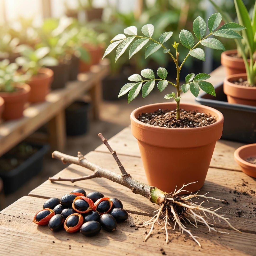 Natal Mahogany propagation setup showing fresh seeds, a small rooted cutting, and a young seedling in a warm, bright propagation tray.