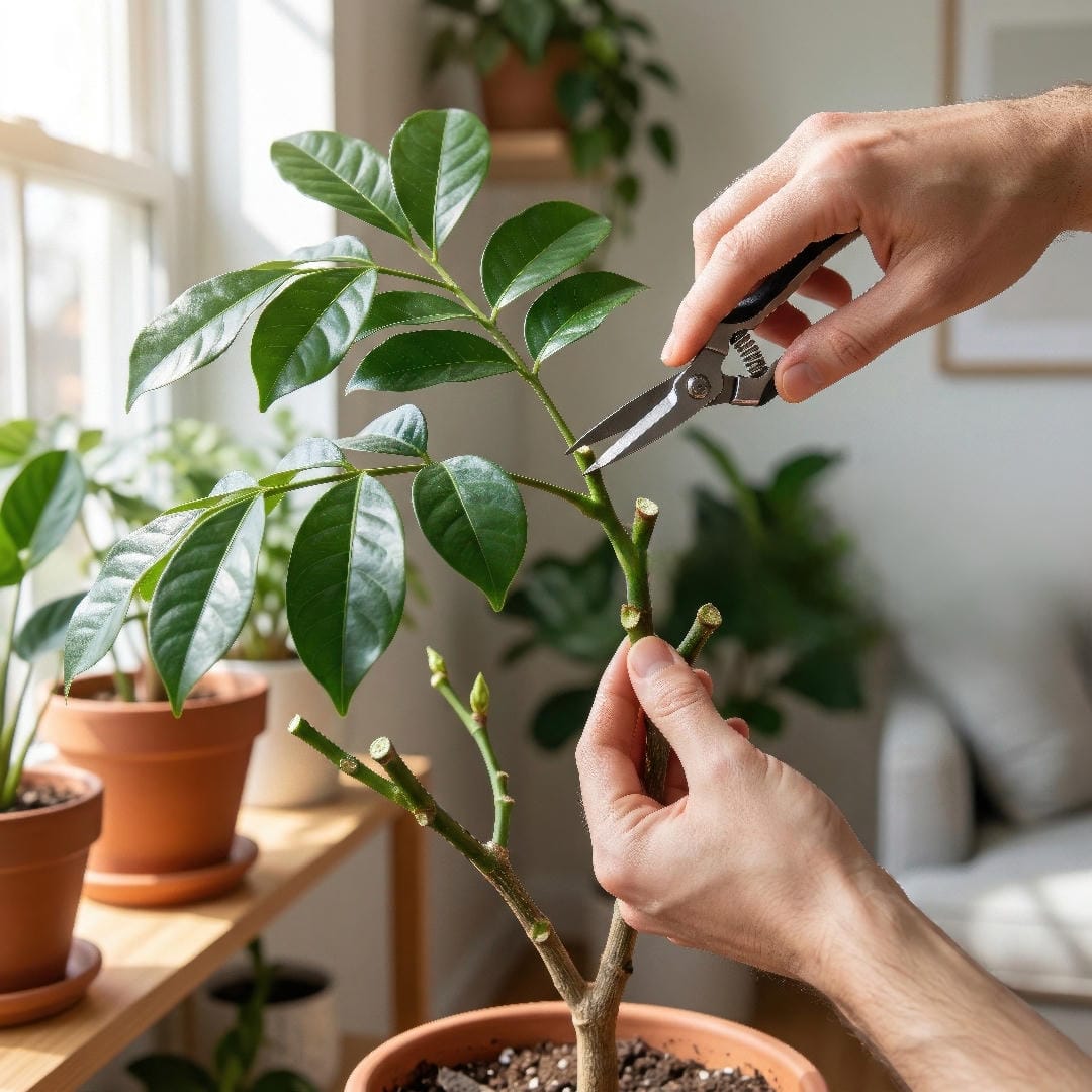 Natal Mahogany being pruned to shape a compact indoor canopy, with clean cuts made above leaf nodes and a balanced branching structure.