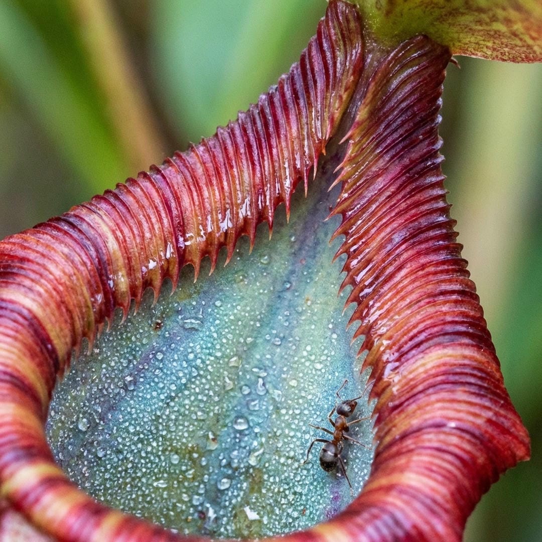 Macro detail of the ridged peristome - the lip of the pitcher