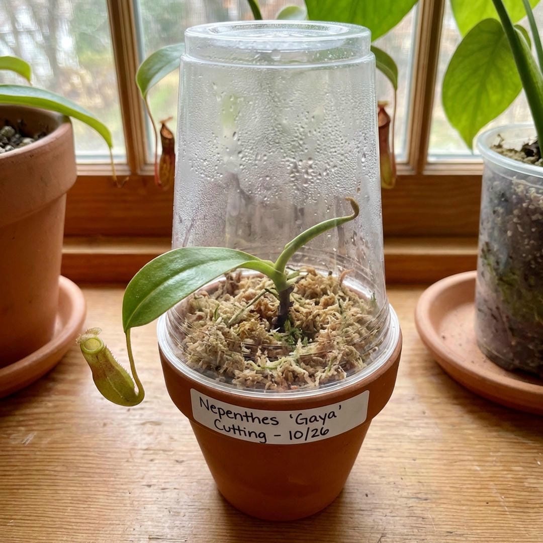 A stem cutting rooting in spaghnum moss under a humidity dome