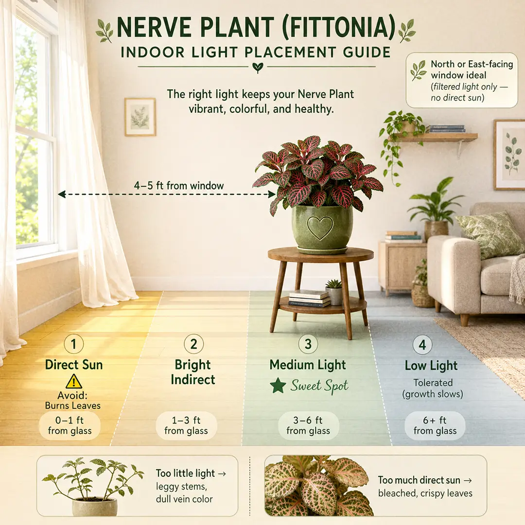 A Nerve Plant with vivid red-veined leaves positioned near a sheer-curtained east-facing window with soft morning light filtering across the leaf surface, in a green ceramic pot with a heart motif on a wooden shelf
