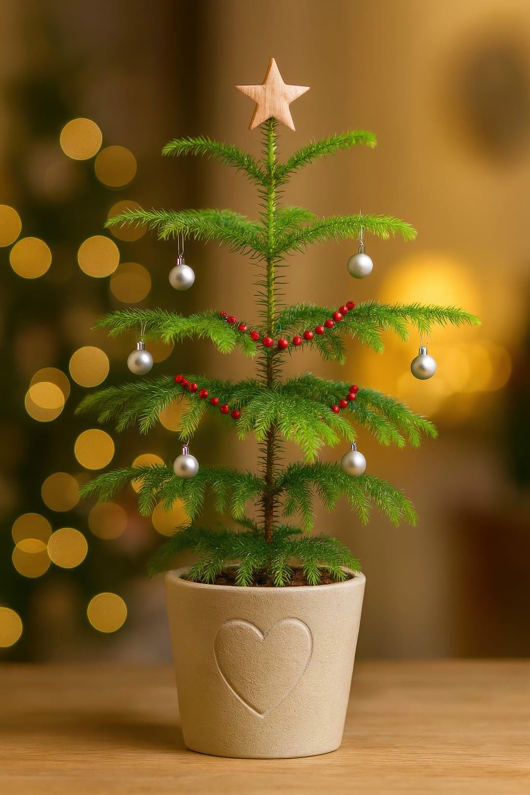 A Norfolk Island Pine decorated with simple, elegant Christmas ornaments.