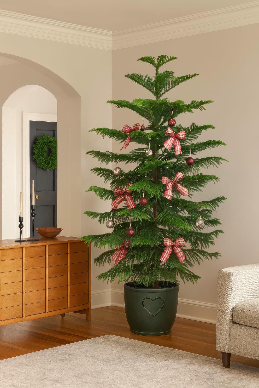 A tall Norfolk Island Pine in a stylish pot in the corner of a bright, modern living room.