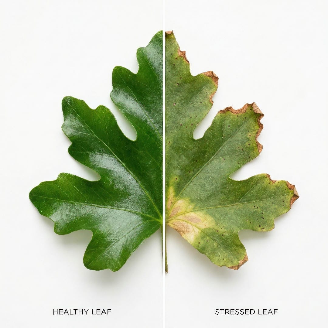 Split image showing a healthy Oak Leaf Ivy leaf on left versus a yellowing leaf with brown crispy edges on right for comparison