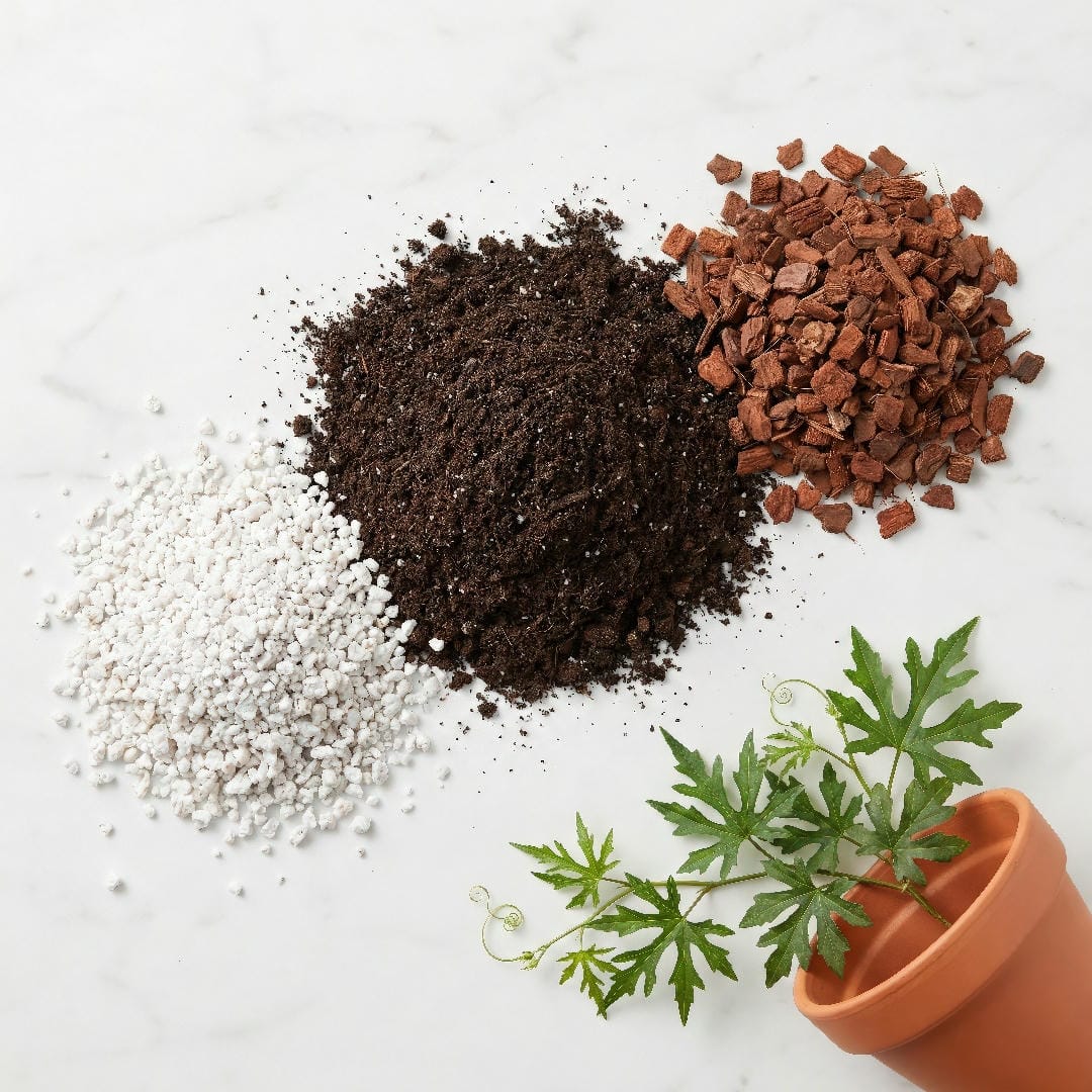 Well-draining potting mix components for Oak Leaf Ivy showing perlite, potting soil, and bark