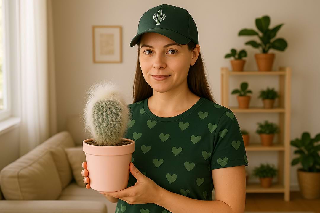 A person holding a small Old Man Cactus in a black pot, showing its manageable size as a houseplant.