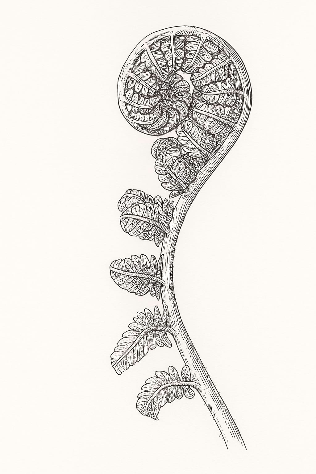 A detailed botanical illustration of a single Ostrich Fern fiddlehead.