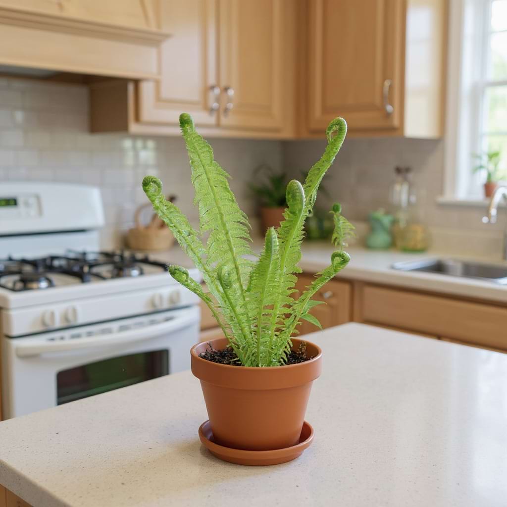 A young Ostrich Fern in a terracotta pot showcasing its bright green, vase-shaped fronds.