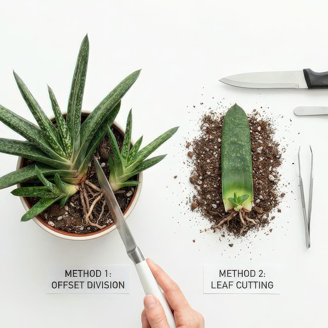Ox Tongue (Gasteria) propagation methods showing offset separation and leaf cutting with new baby plant growth
