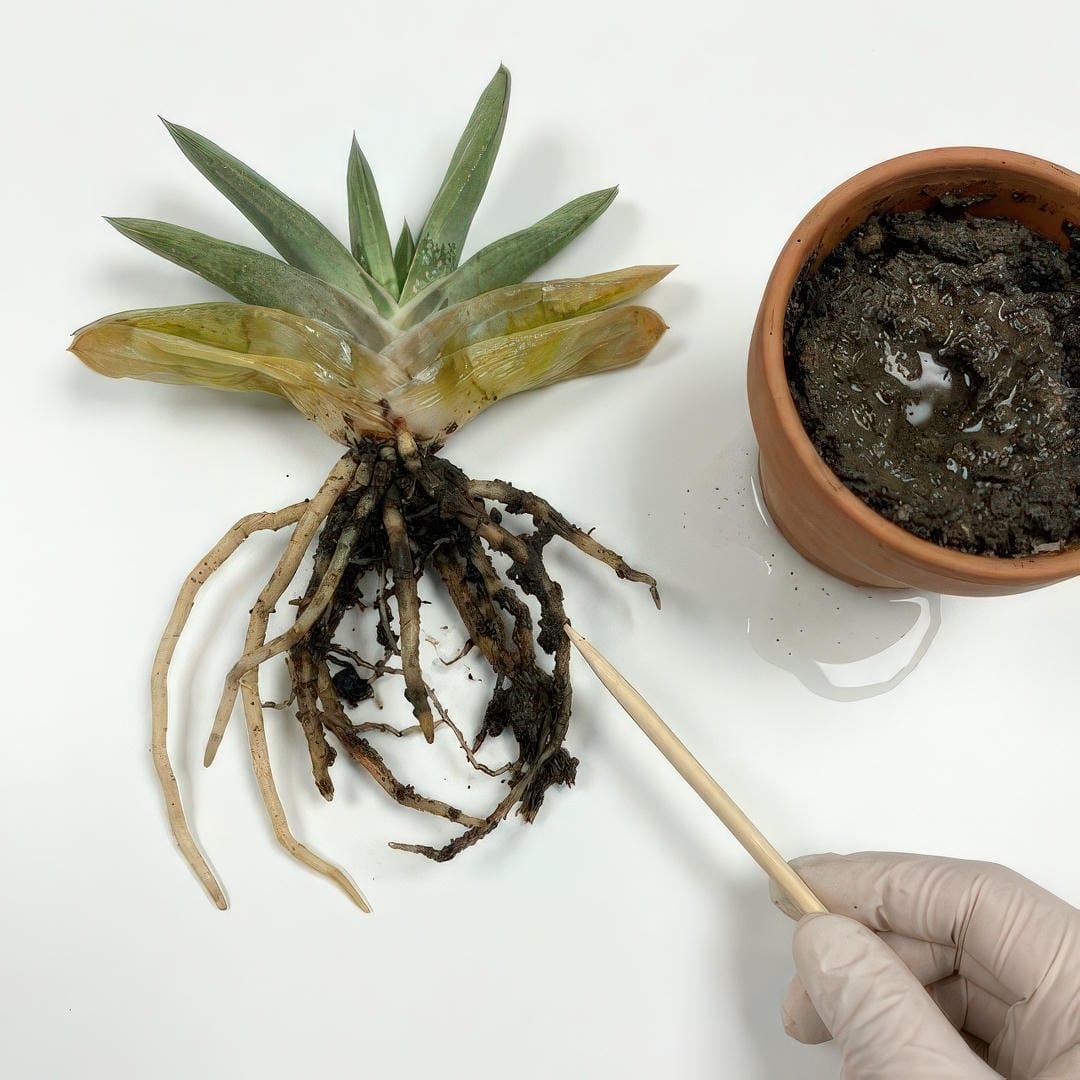 Ox Tongue (Gasteria) removed from pot showing root rot damage with dark mushy roots