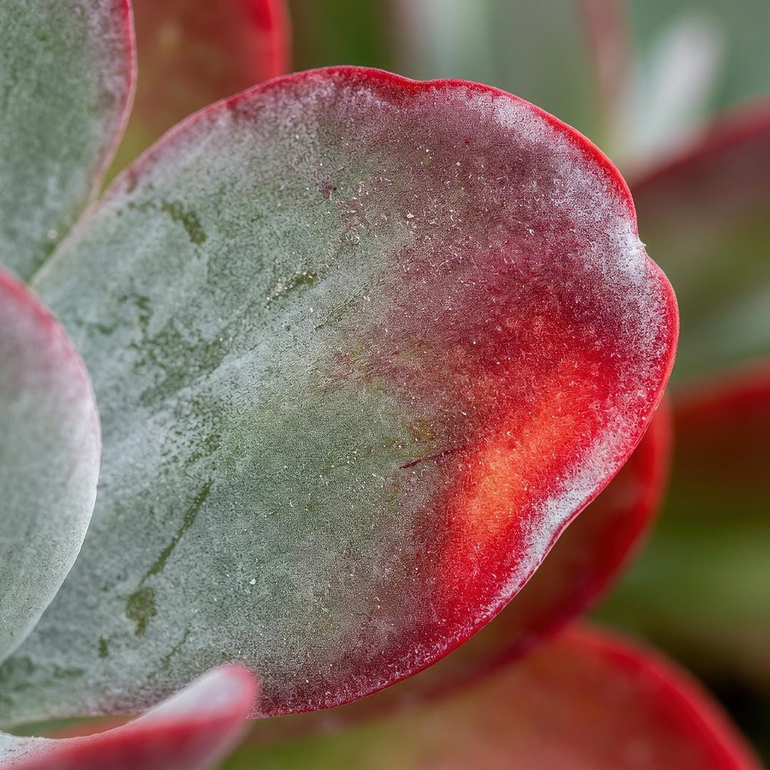 Extreme close-up macro photograph of a Paddle Plant leaf showing the powdery epicuticular wax coating on the leaf surface with the bright red edge coloring transitioning into grey-green toward the center of the flat rounded leaf
