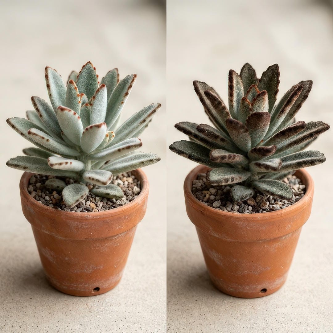 Side-by-side comparison of standard Panda Plant (Kalanchoe tomentosa) with silvery-green fuzzy leaves and brown-tipped edges next to the darker Chocolate Soldier variety which has more pronounced dark brown to almost black markings extending further along the leaf margins
