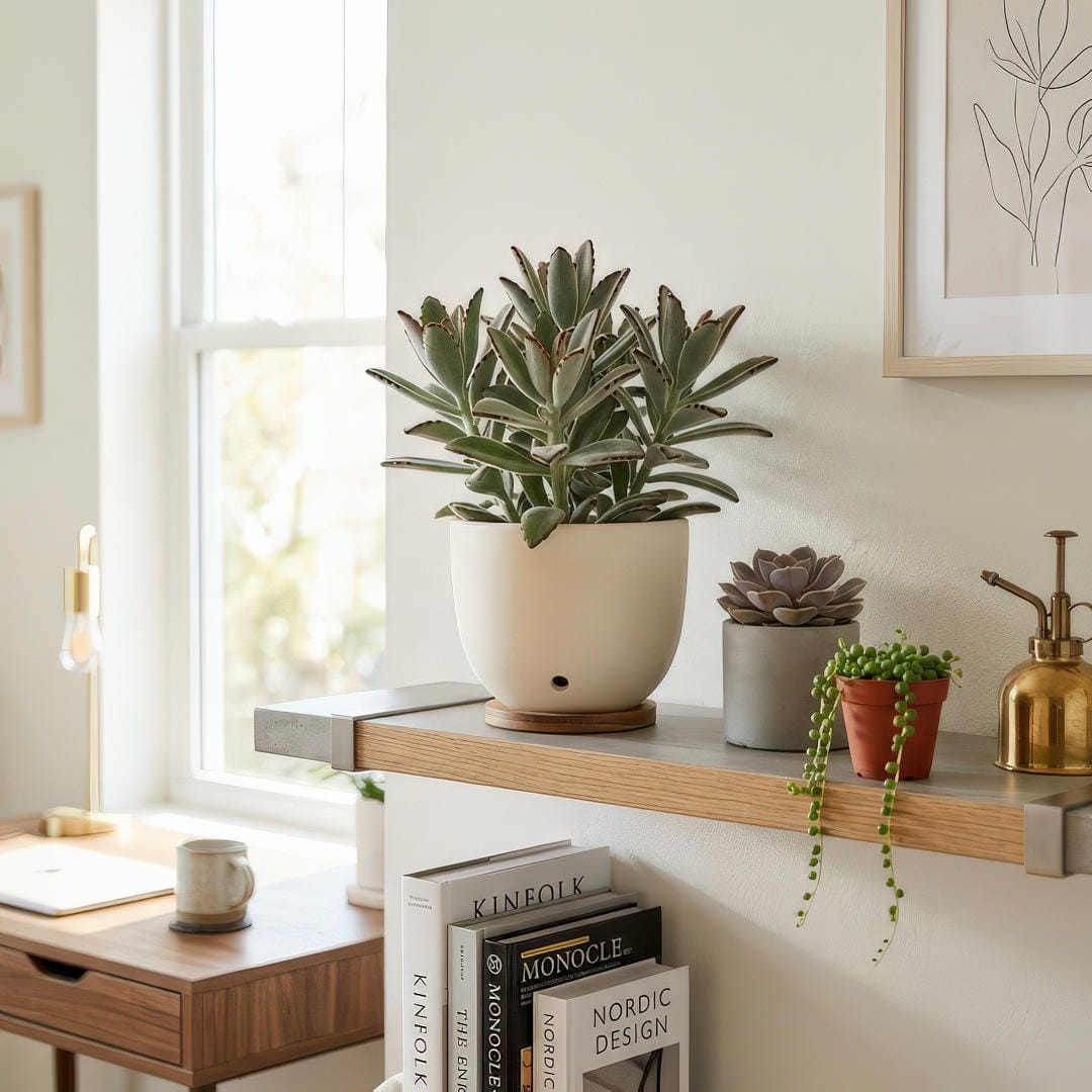 A mature Panda Plant with dense fuzzy silvery-green leaves and chocolate-brown tips displayed in a matte ceramic pot on a bright modern desk next to other small succulents and minimalist decor with natural sunlight highlighting the soft textured foliage