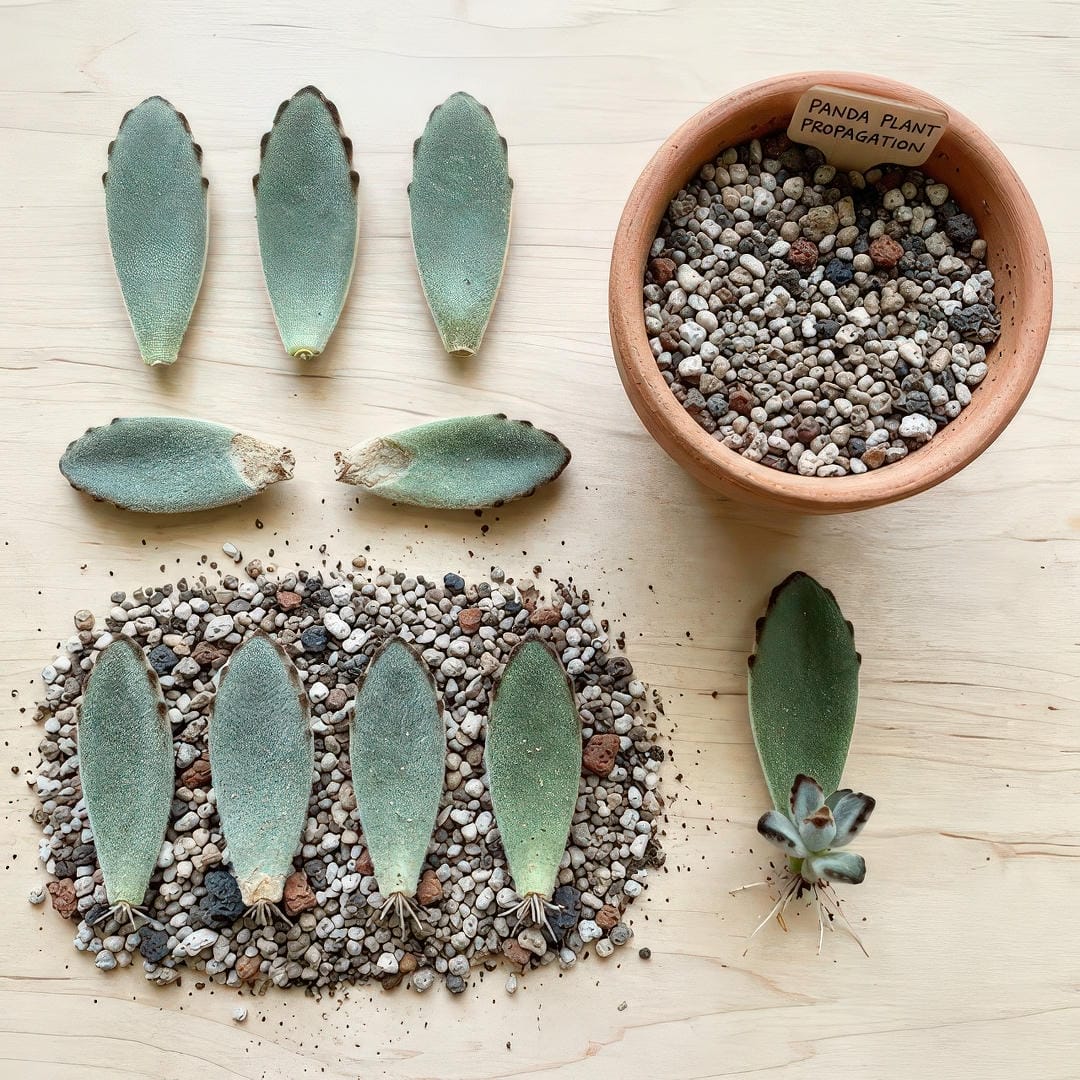 Several Panda Plant leaf cuttings with fuzzy silvery-white trichomes laid on a clean surface beside a small pot of gritty succulent soil showing both calloused leaf bases and tiny new roots and plantlets emerging from some of the older leaf cuttings