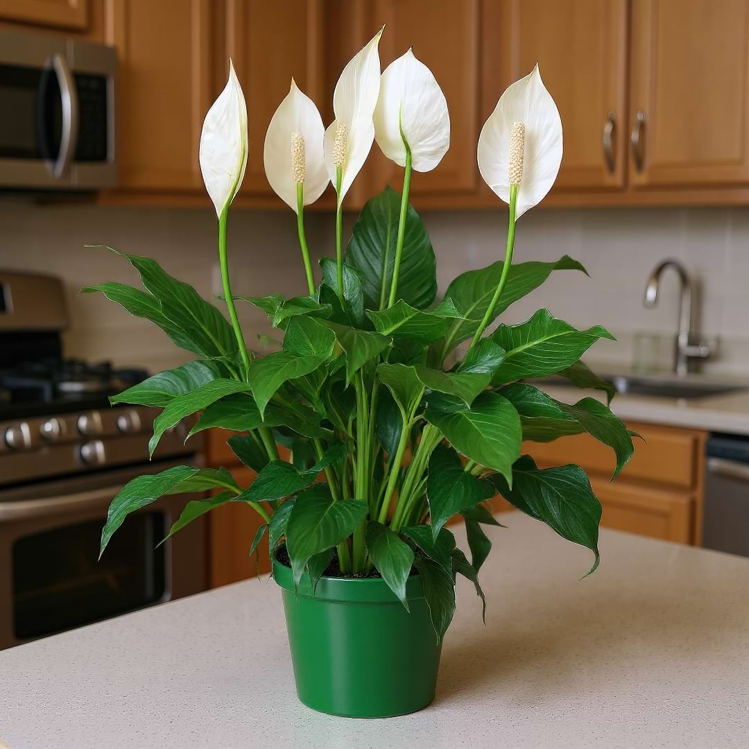 A blooming Peace Lily on a kitchen counter, benefiting from the room's naturally higher humidity.