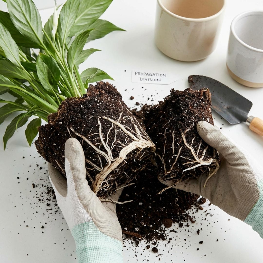 Diagram showing how to divide a Peace Lily root clump