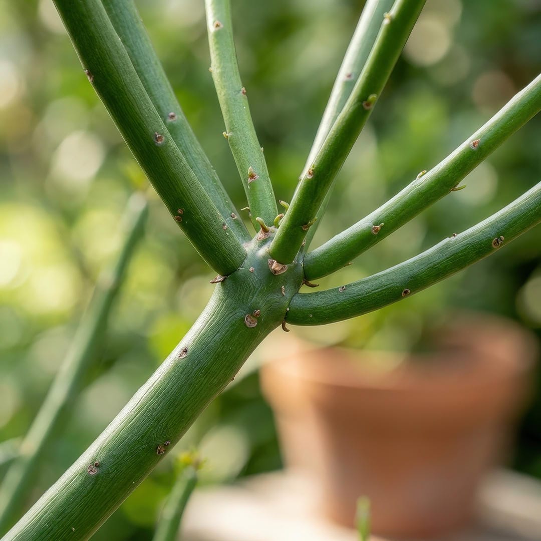 Extreme close-up macro photograph of Pencil Cactus stems showing the smooth cylindrical green branches with fine texture and small vestigial leaf scars where tiny leaves once briefly appeared