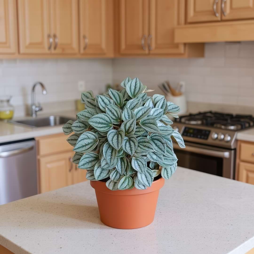 A healthy Peperomia Napoli Nights in a terracotta pot on a kitchen counter.