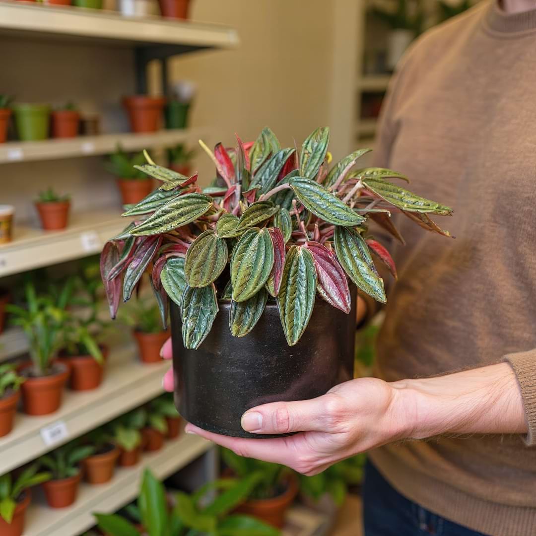 A person holding a healthy Peperomia Rosso in a simple black pot, showcasing its dense, bicolored foliage.
