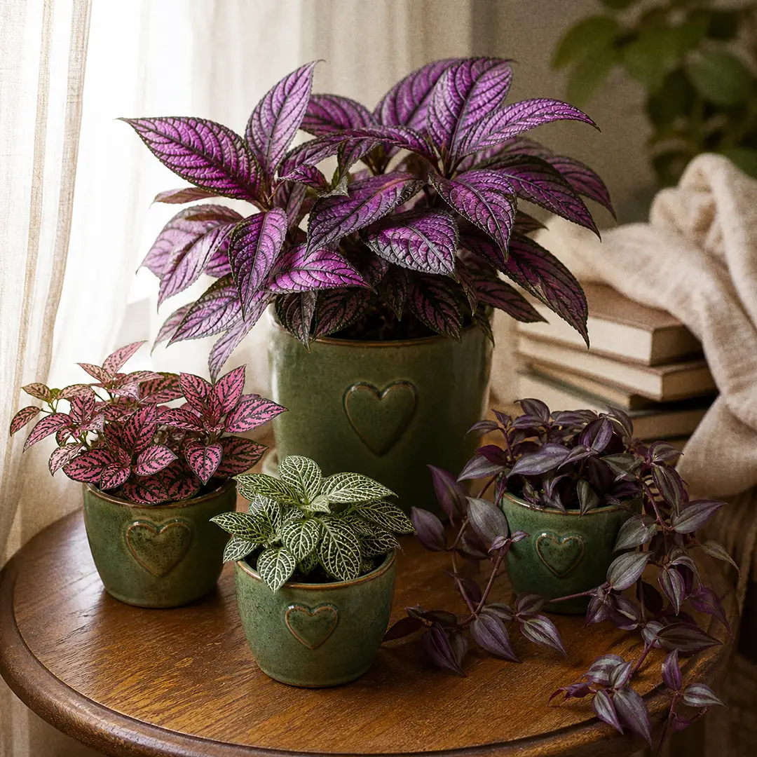 A styled home scene with a vivid Persian Shield plant in a green ceramic pot with a heart motif as the centerpiece on a wooden side table surrounded by smaller matching houseplants and warm natural light from a nearby window