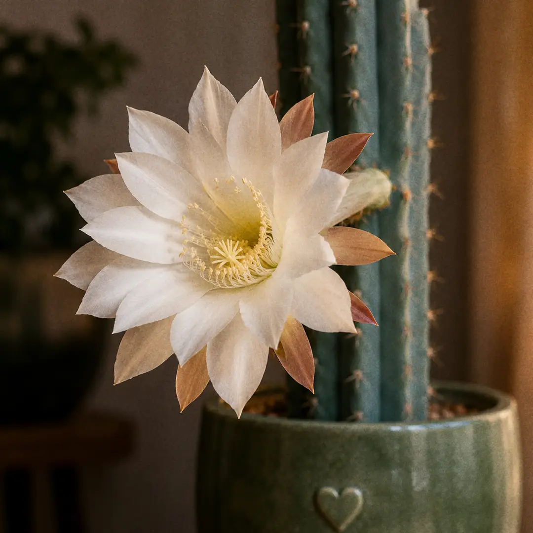 A macro close-up of a Peruvian Apple Cactus in full bloom at night, showing one large creamy-white nocturnal flower with reddish-brown outer petals and a long pale tube emerging from the upper rib of a blue-green ribbed column, sharp focus on the flower with the ribbed column softly out of focus