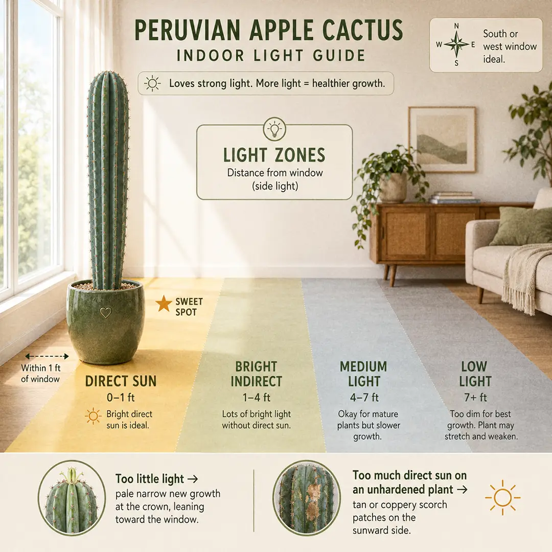 A labeled square light-zone diagram showing a tall Peruvian Apple Cactus placed in the sweet spot within one foot of a south-facing window, with direct-sun, sweet-spot, medium, and low-light zones color-washed, and small icons warning about etiolation in low light and scorching on an unhardened plant in full midday sun