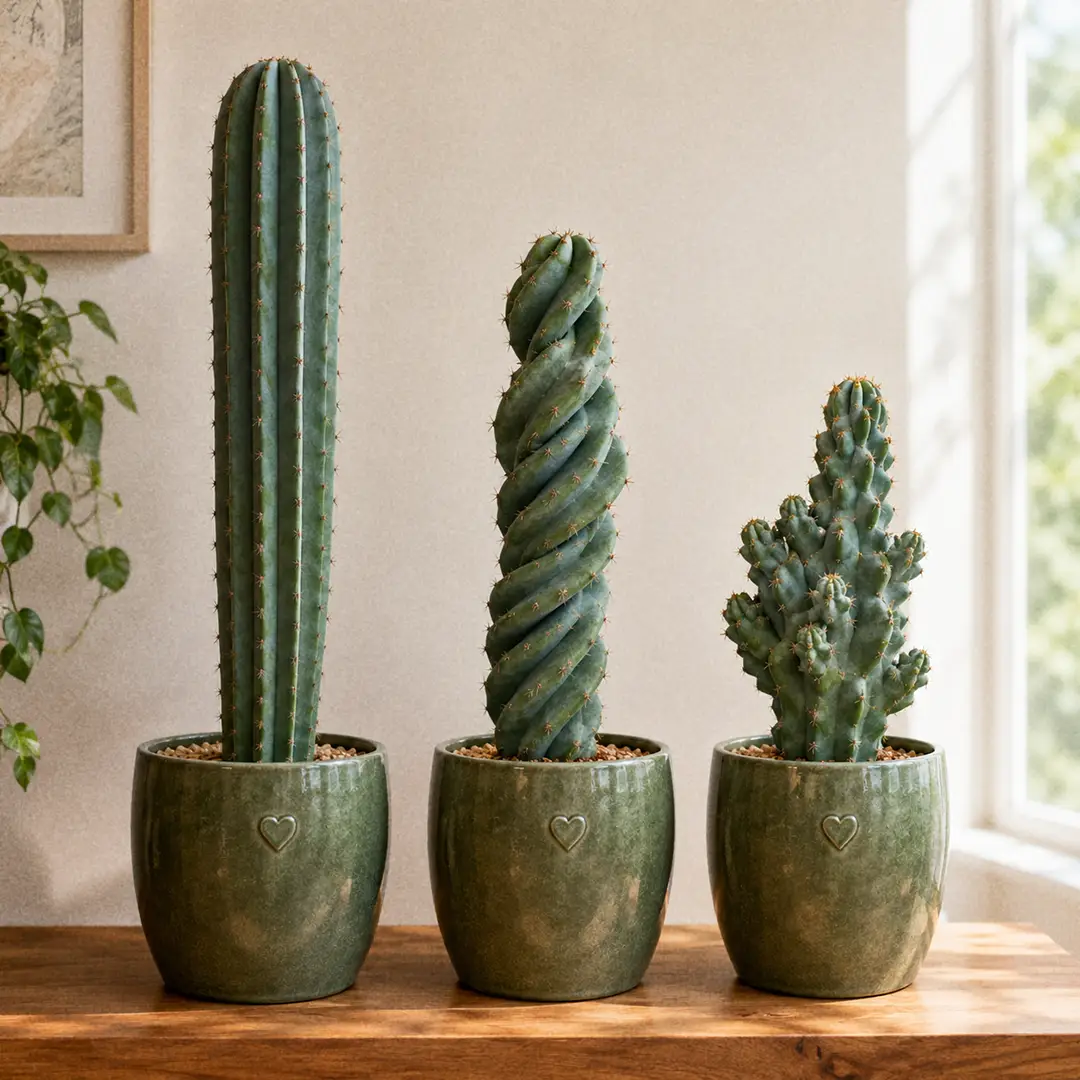 Three Peruvian Apple Cactus forms side by side on a wooden shelf, each in a matching green ceramic pot with a heart motif: the classic upright blue-green ribbed column on the left, the dramatically twisted Cereus repandus 'Spiralis' with helical ribs in the middle, and a knobby irregular 'Monstrose' form on the right