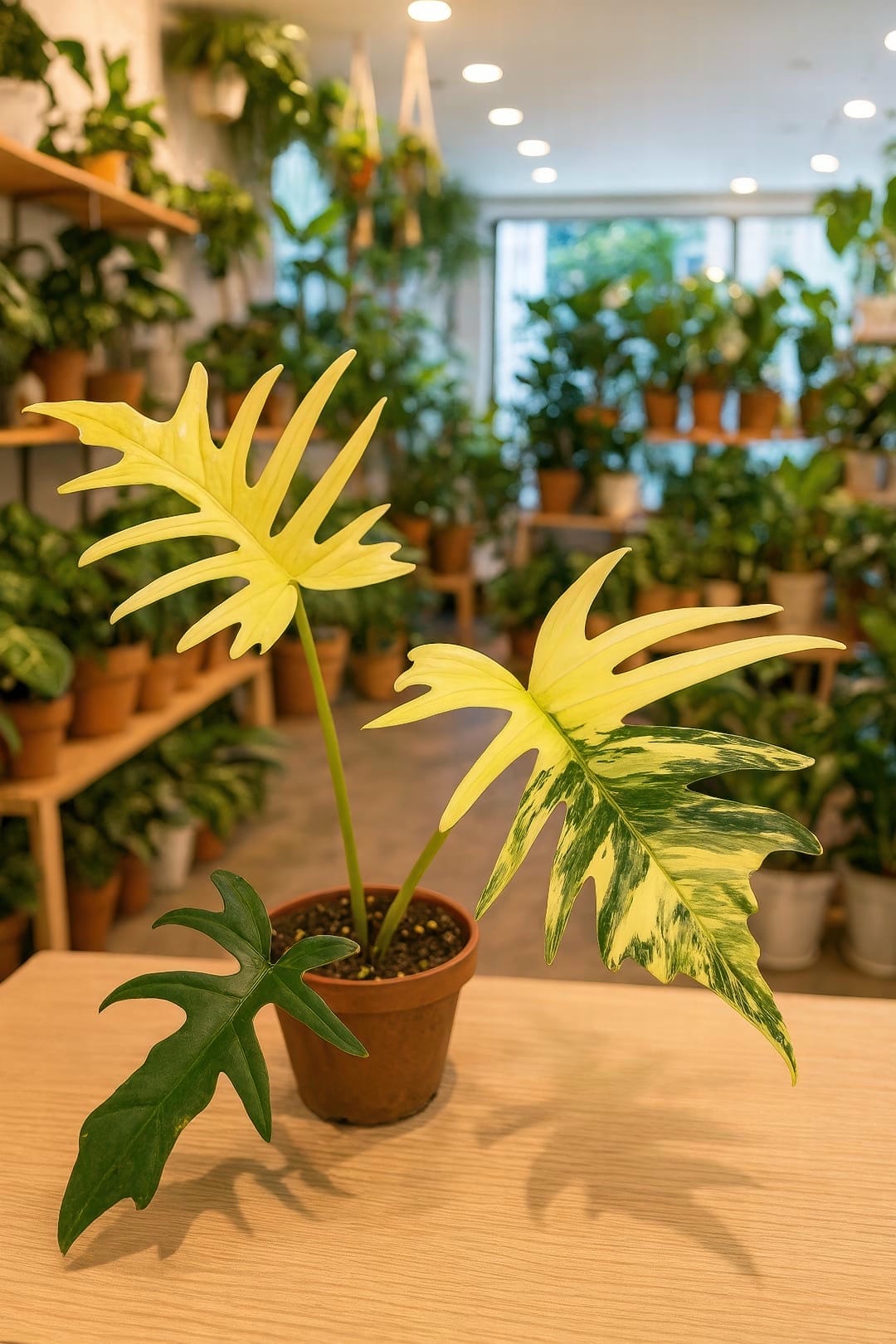 A single Florida Beauty x Tortum plant showing a range of leaf variegation, from a highly variegated leaf to one that has mostly reverted to green.