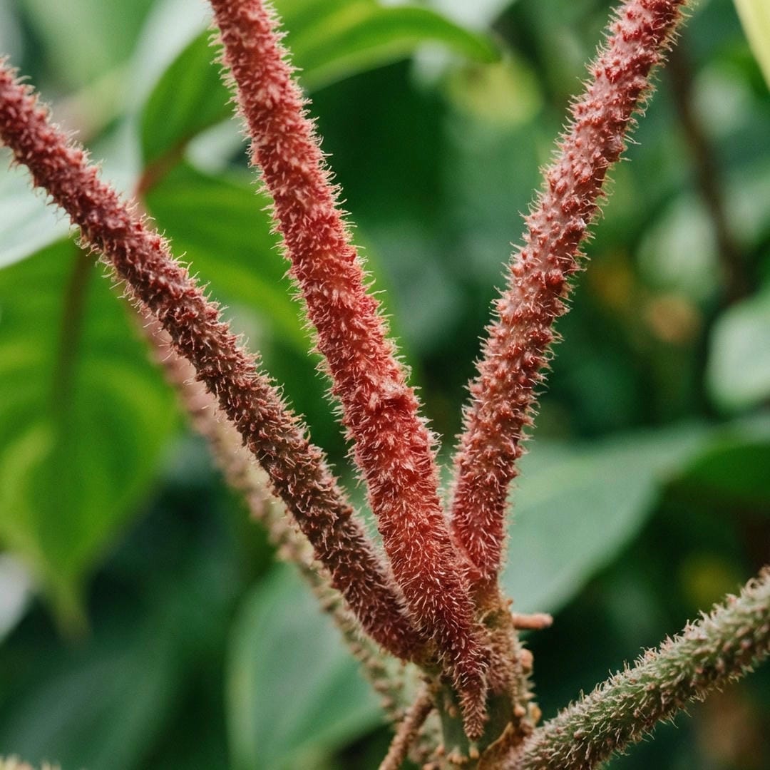 Macro shot of the fuzzy red stems (petioles)