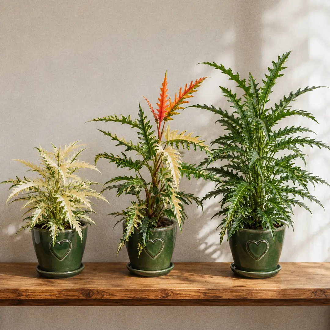 Three Philodendron Ring of Fire plants side by side on a wooden shelf in matching green ceramic pots with heart motifs, one heavily cream variegated, one with orange and red new growth, and one plain green Hendersons Pride form with no variegation