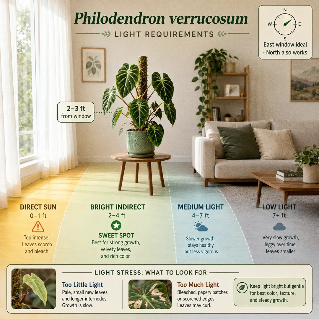 A labeled light guide diagram showing where to place a Philodendron Verrucosum indoors relative to an east-facing window, with direct sun, bright indirect, medium and low light zones marked and the sweet spot marked two to four feet back