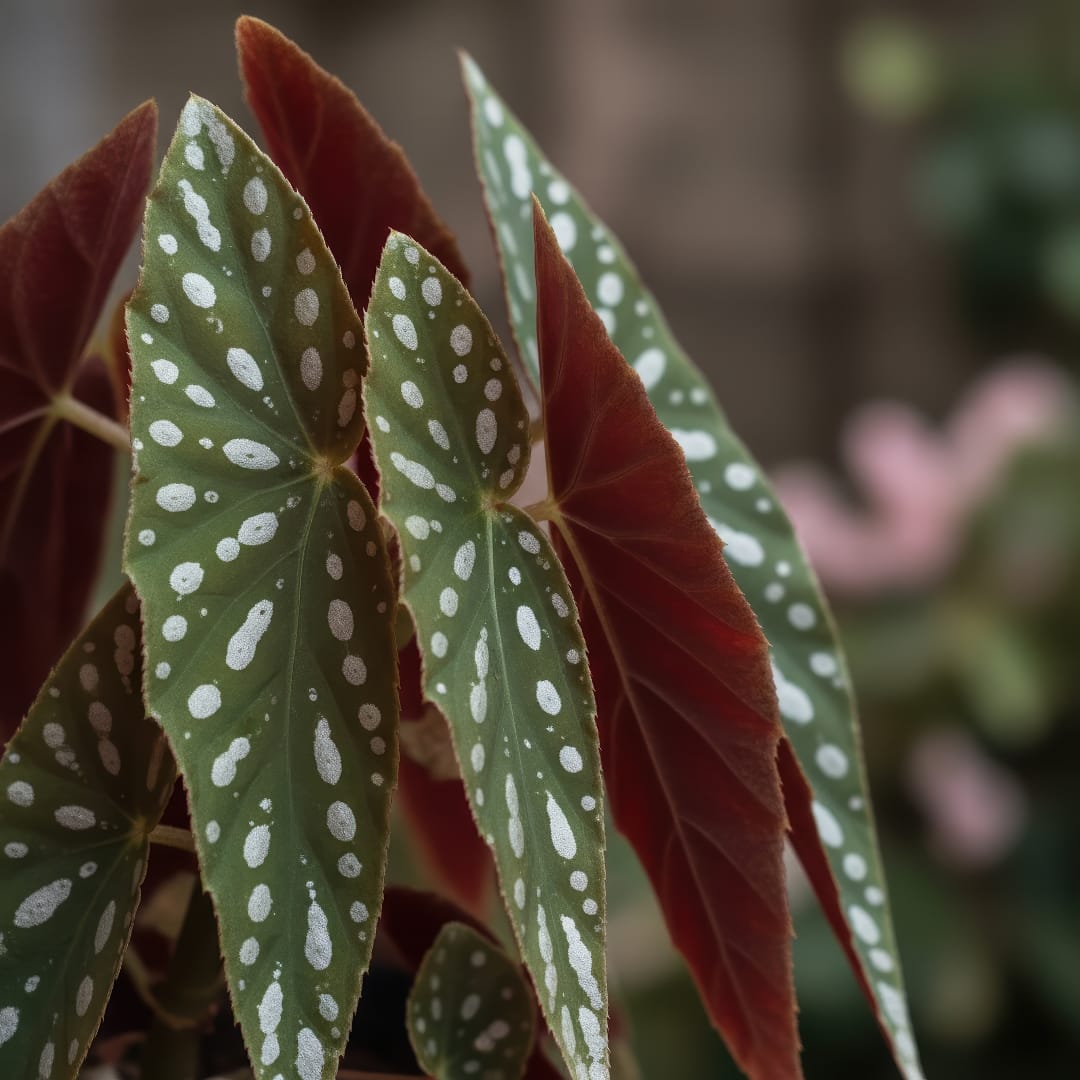 A close-up of the stunning leaves of a Polka Dot Begonia, showing the silver spots and red undersides