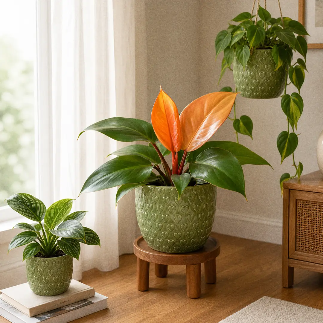 A styled living room scene with a mature Prince of Orange Philodendron in a green ceramic pot with a heart motif on a wooden plant stand beside a Philodendron Birkin and a small Brasil, near a bright window with sheer curtains