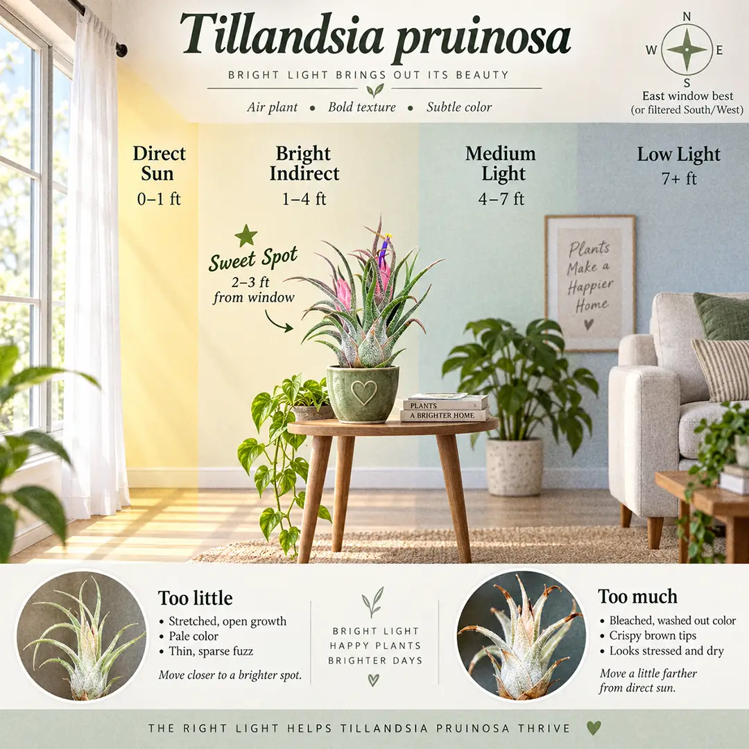 A labeled light guide diagram showing where to place a Pruinosa Air Plant indoors near an east-facing window, with direct sun, bright indirect, medium and low light zones, the sweet spot marked two to three feet from the glass, and thumbnails of a pale stretched plant and a sun-bleached one