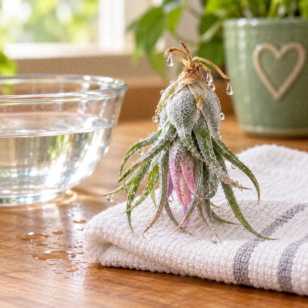 A Pruinosa Air Plant held upside down over a bowl of water, water dripping from its fuzzy bulbous base and twisting leaves, with a green ceramic pot with a heart motif on the wooden counter behind it