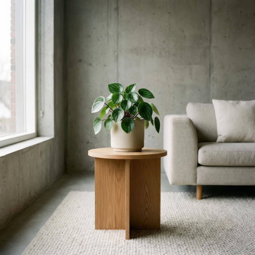 Raindrop Peperomia displayed on a side table in a clean modern room with soft natural light.