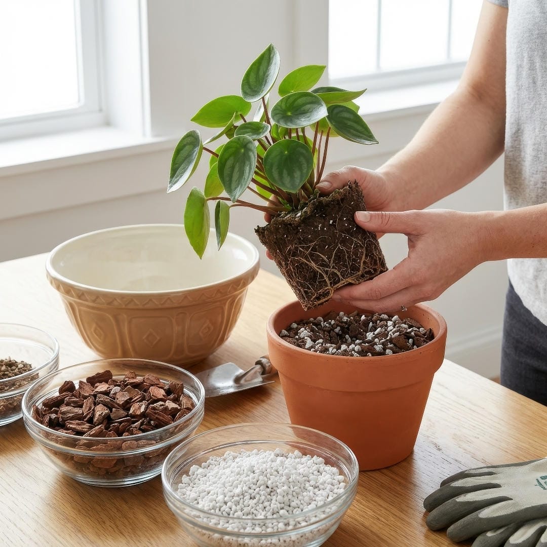 Raindrop Peperomia being repotted into a slightly larger pot with airy bark and perlite mix.