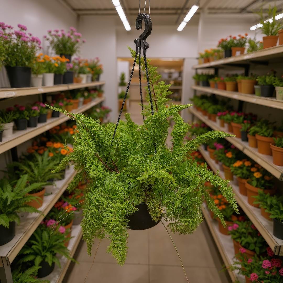 A lush Roosevelt Fern in a black hanging basket in a plant nursery.