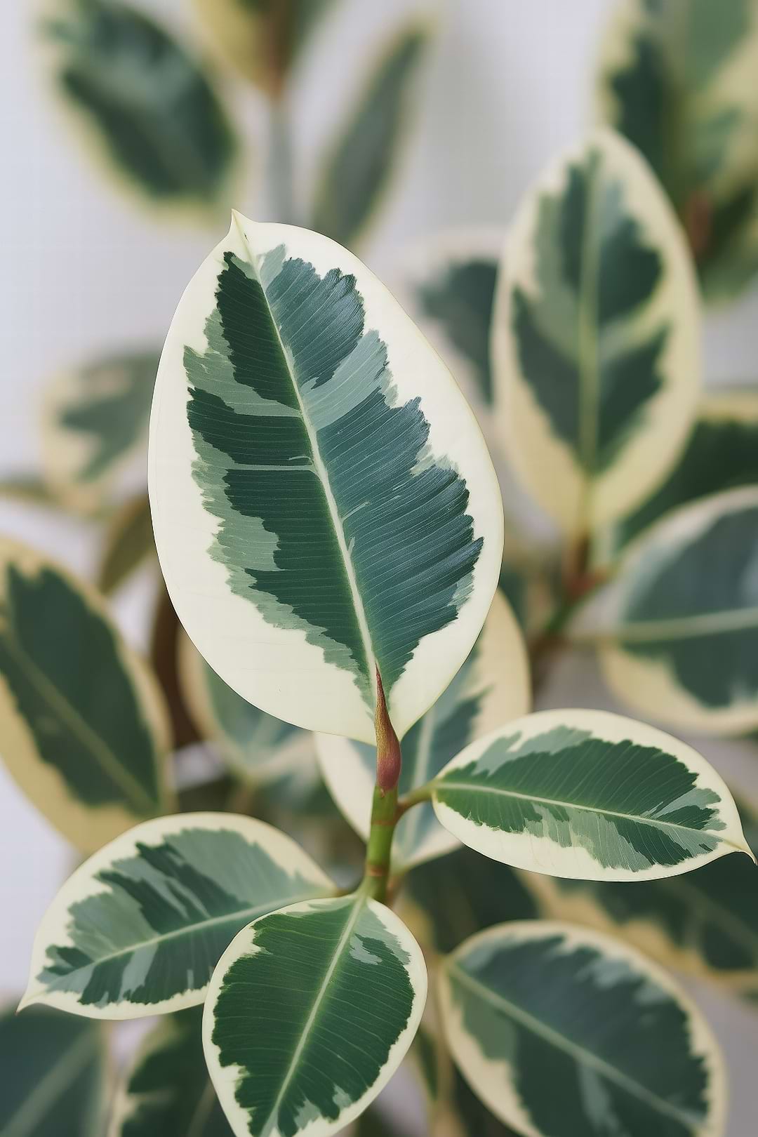 A close-up of a Ficus elastica 'Tineke' leaf, showcasing its creamy white and green variegation with pink edges.