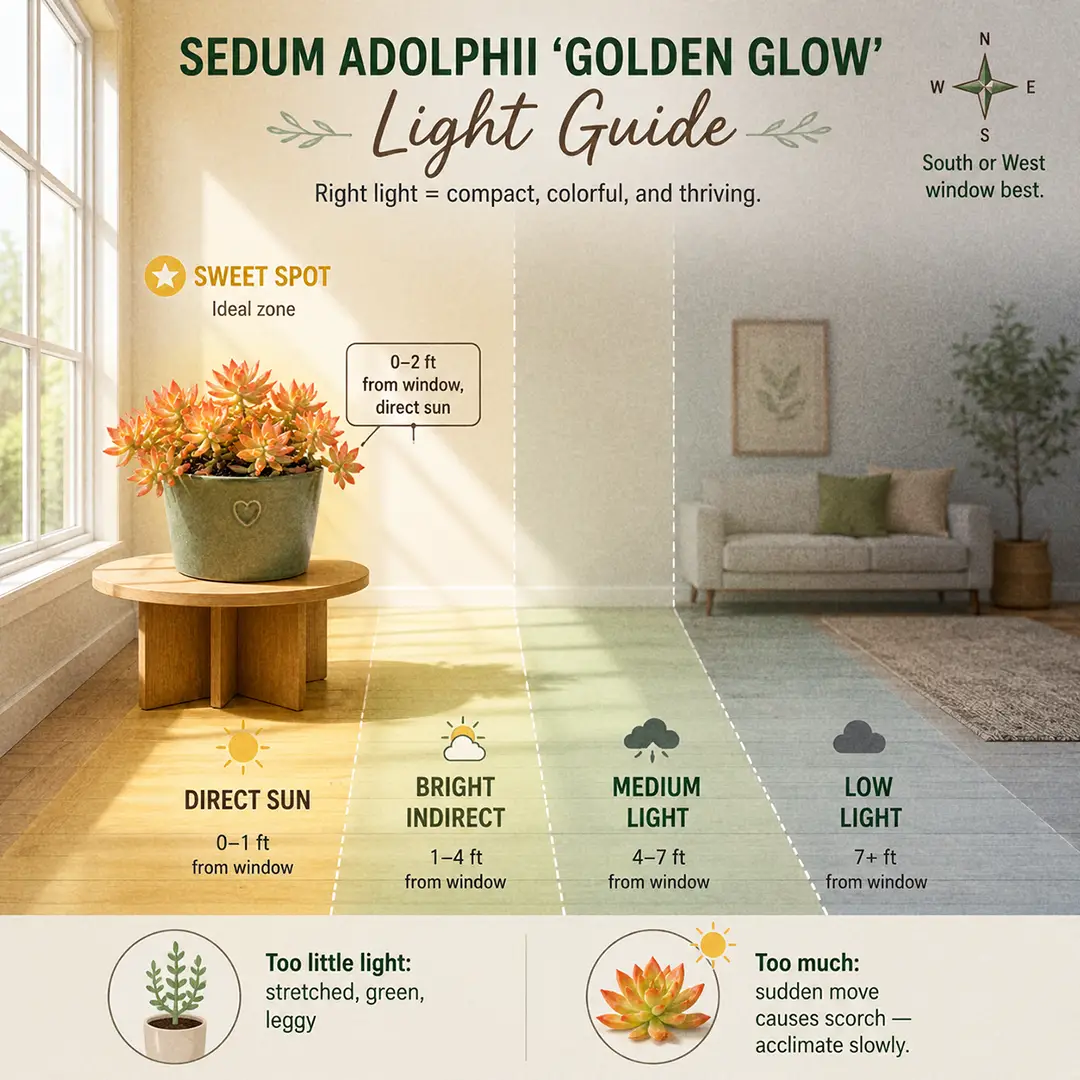 An educational light guide diagram showing a Sedum adolphii in a green ceramic pot placed in its bright, sunny sweet spot near a south-facing window, with labeled light zones from direct sun to low light