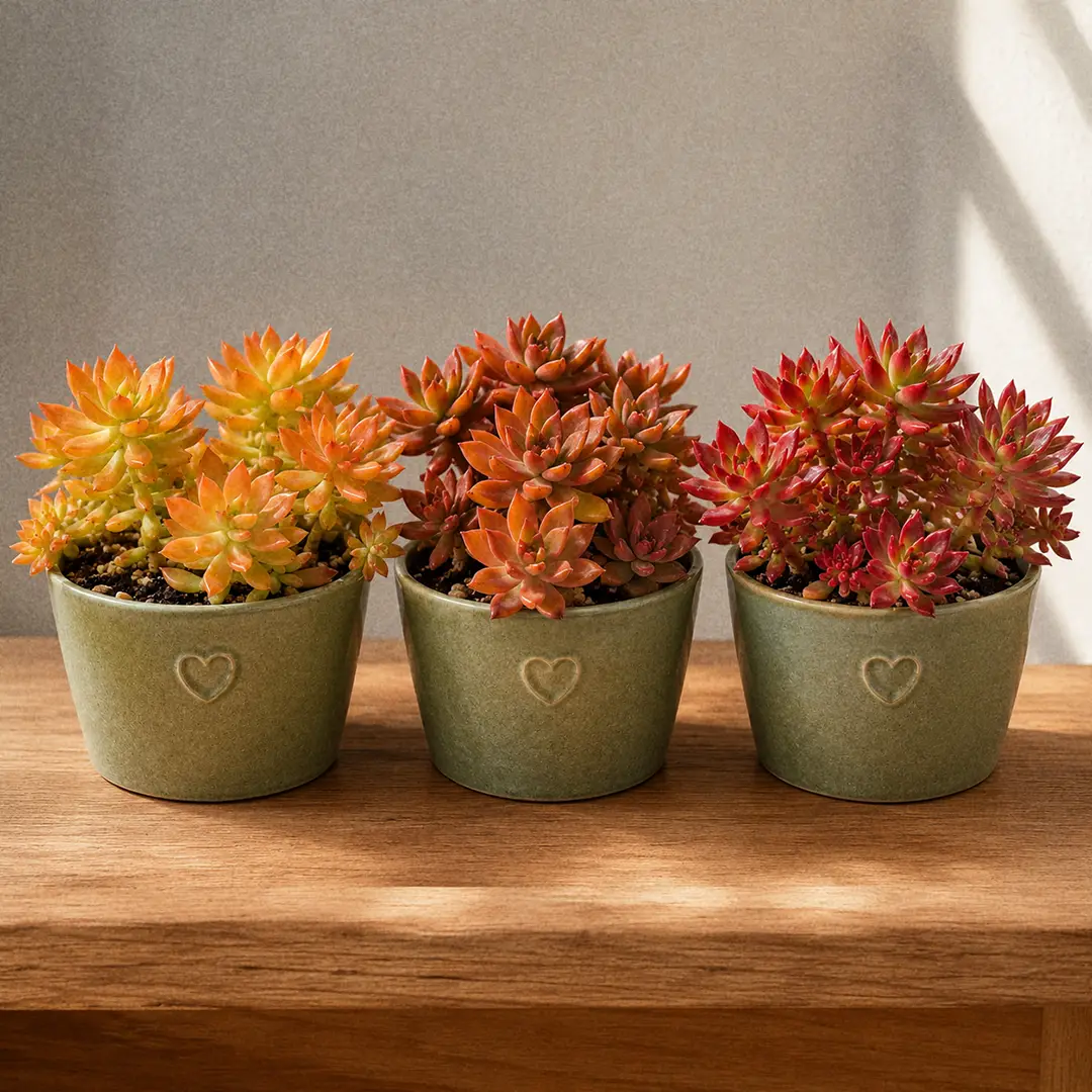 A side-by-side comparison of three Sedum varieties in matching green ceramic pots: Golden Glow with yellow-green orange-tipped leaves, Coppertone with deeper copper-orange foliage, and Firestorm with bright red leaf edges