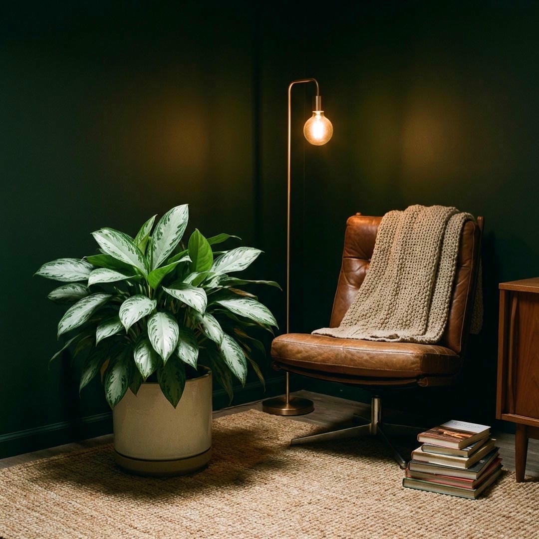 Styling idea for a Silver Bay Aglaonema in a dark corner.